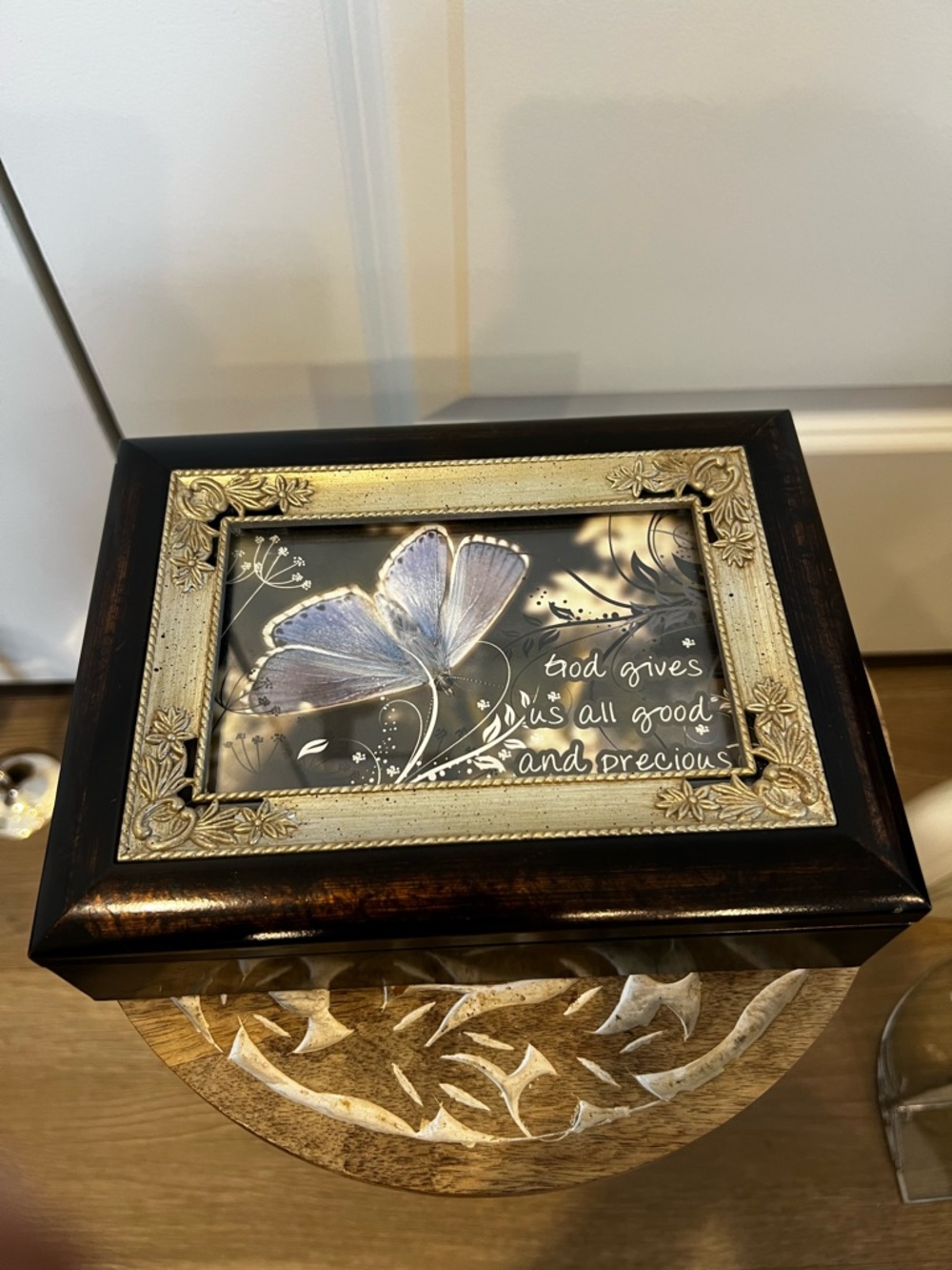 Sankyo Decorative Butterfly Music Box with Gold Accent Frame - Brown and Gold